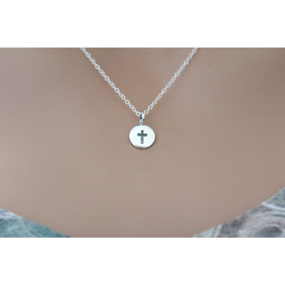 Sterling Silver Cross Charm on a Disk Necklace